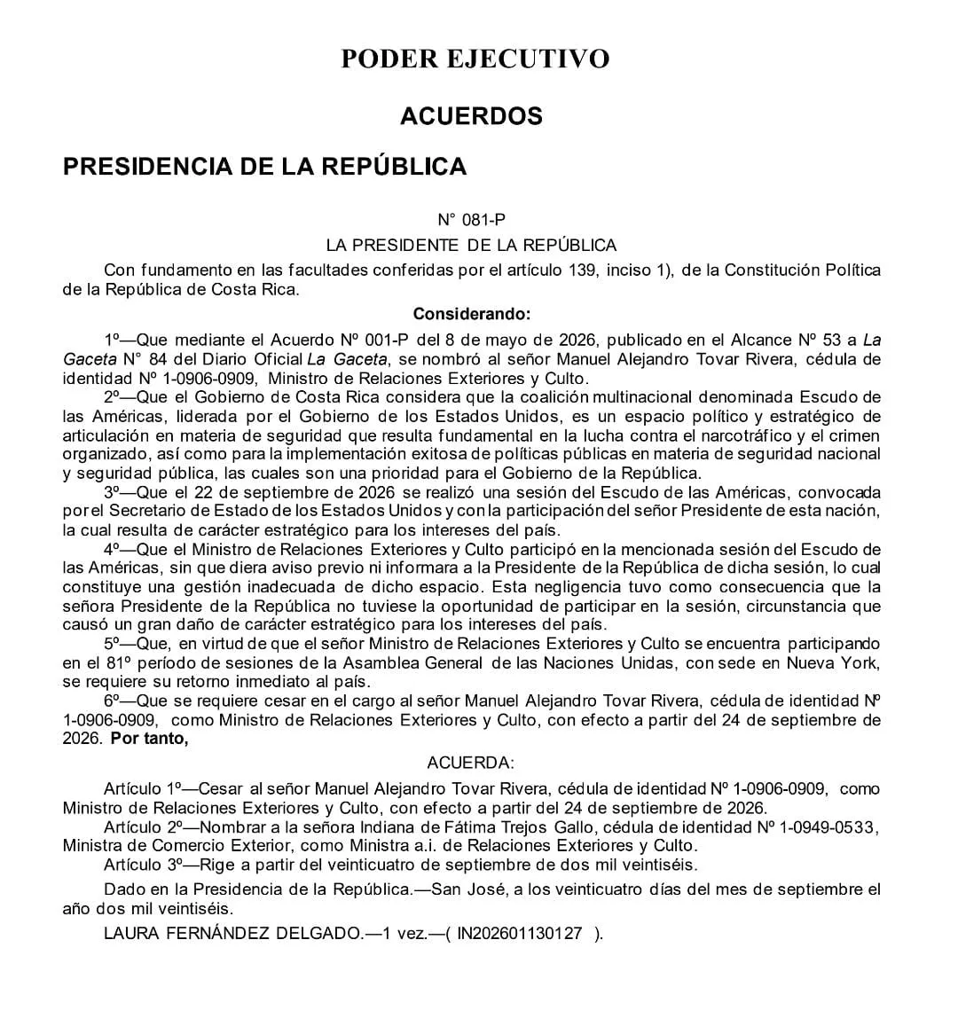 Alcance en La Gaceta del acuerdo de destitución de Manuel Tovar.