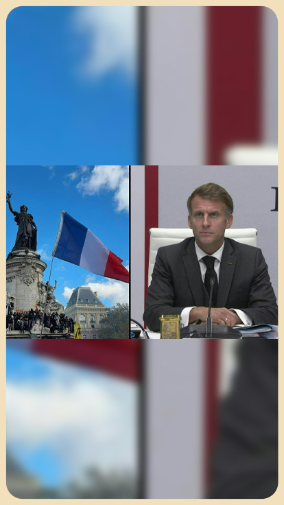 Emmanuel Macron junto a imagen de estatua en París.